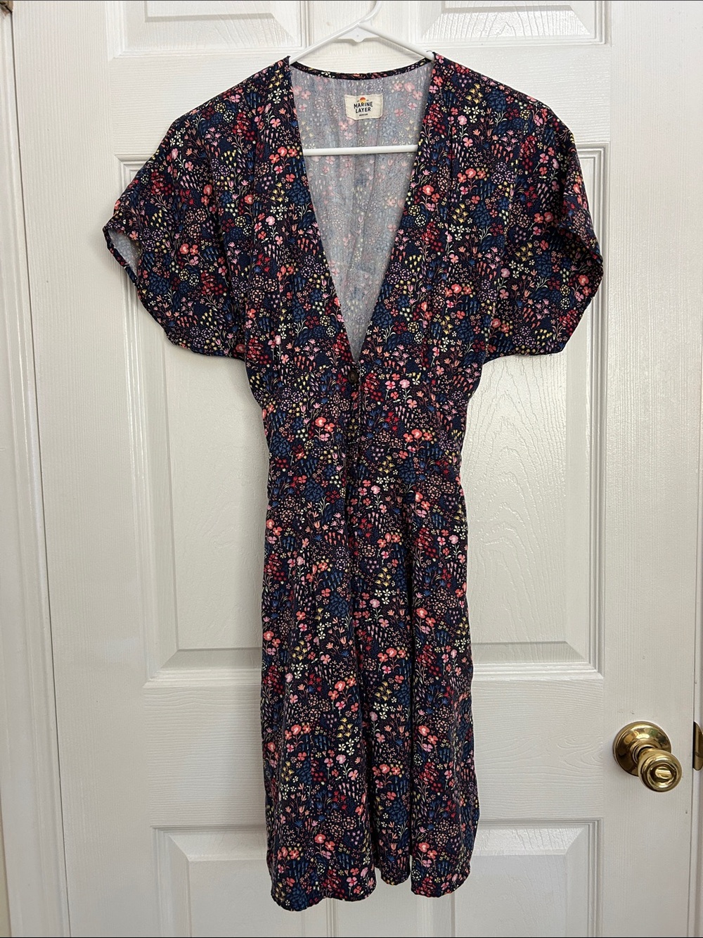 Marine Layer Navy Floral V-Neck Midi Dress